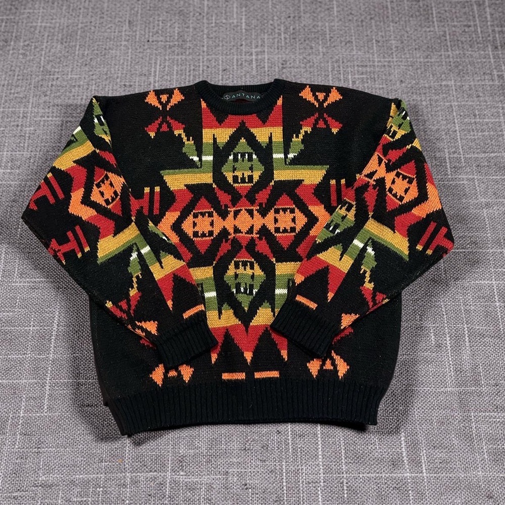 Santana Vintage Mens Large Southwestern Geometric Knit Sweater Black Multicolor